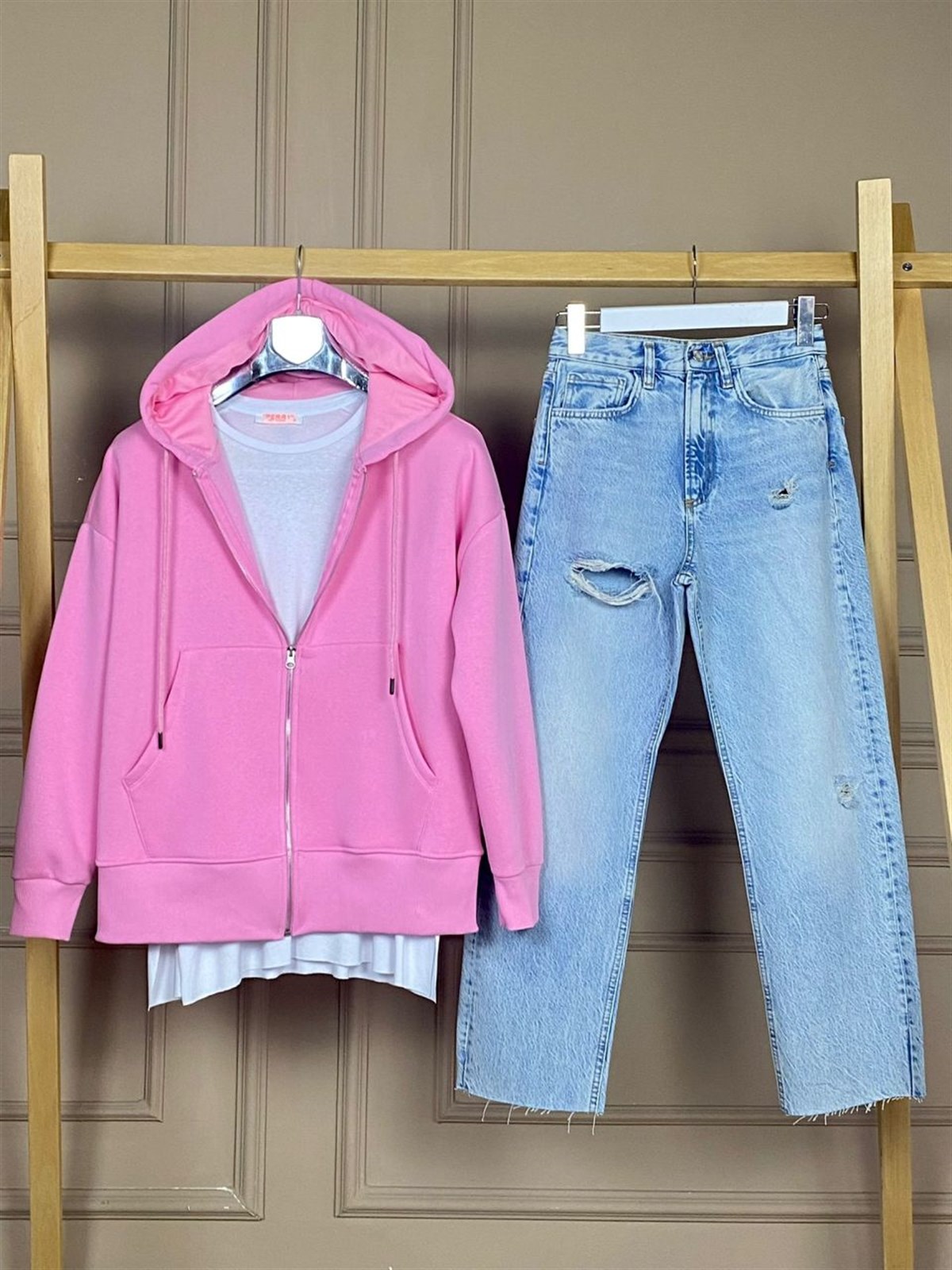 Önü Cepli Kapşonlu Sweat Hırka (Pembe)