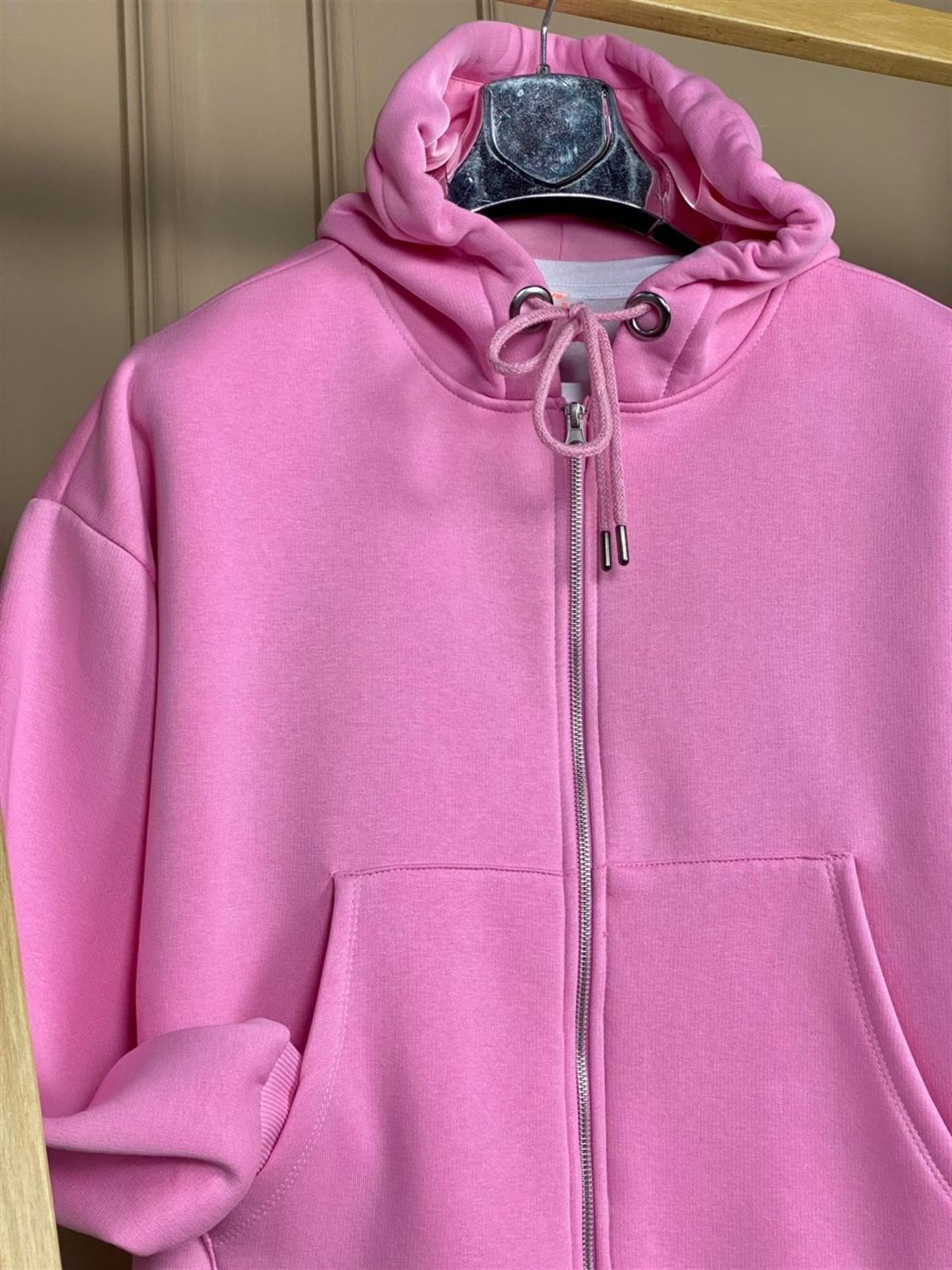 Önü Cepli Kapşonlu Sweat Hırka (Pembe)