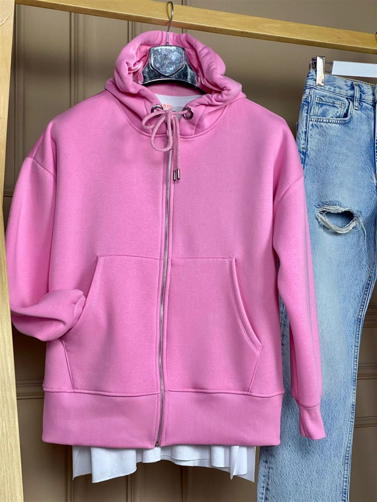 Önü Cepli Kapşonlu Sweat Hırka (Pembe)