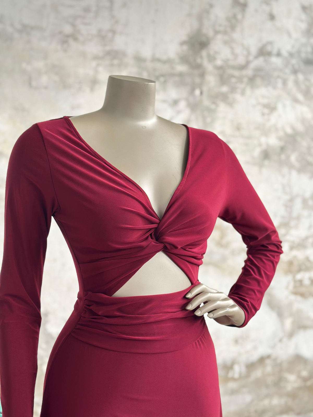 Önü Pencere Detaylı Midi Elbise (Bordo)