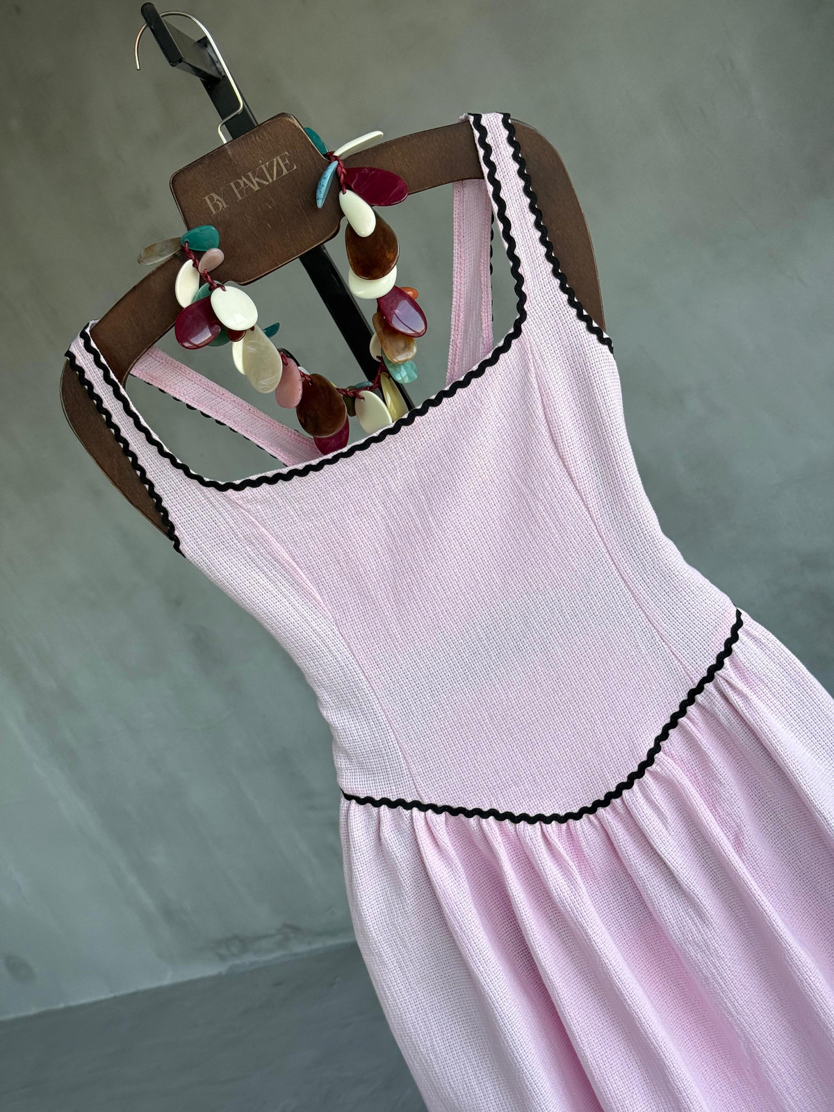 Organik Ham Keten Dantel Detaylı Elbise (Pembe)