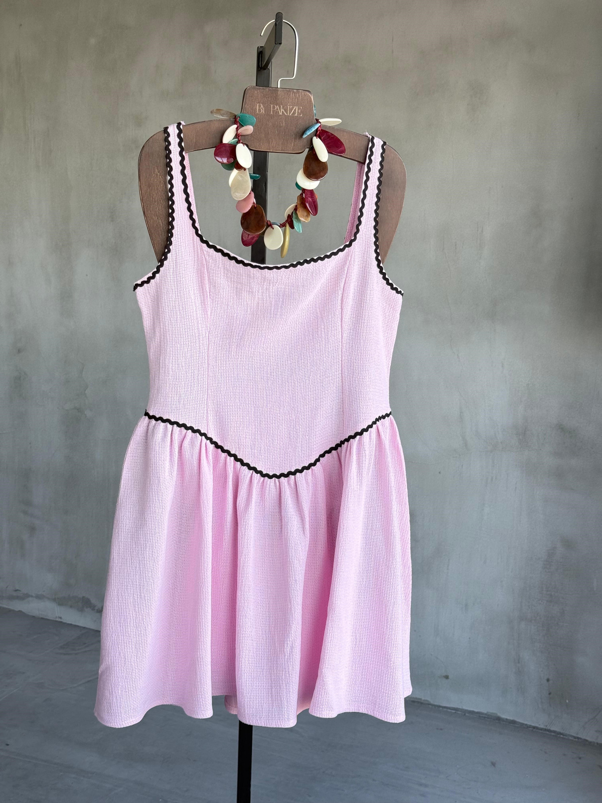 Organik Ham Keten Dantel Detaylı Elbise (Pembe)