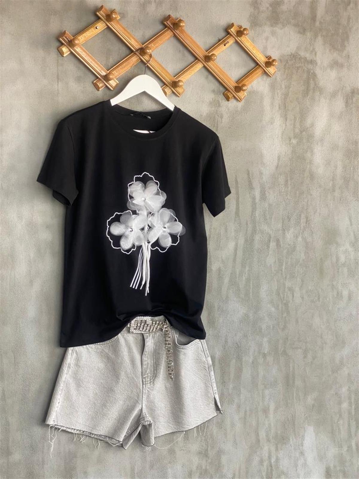 Organze Kumaş Çiçek Desenli Bağcık Desenli Tişört (Siyah)