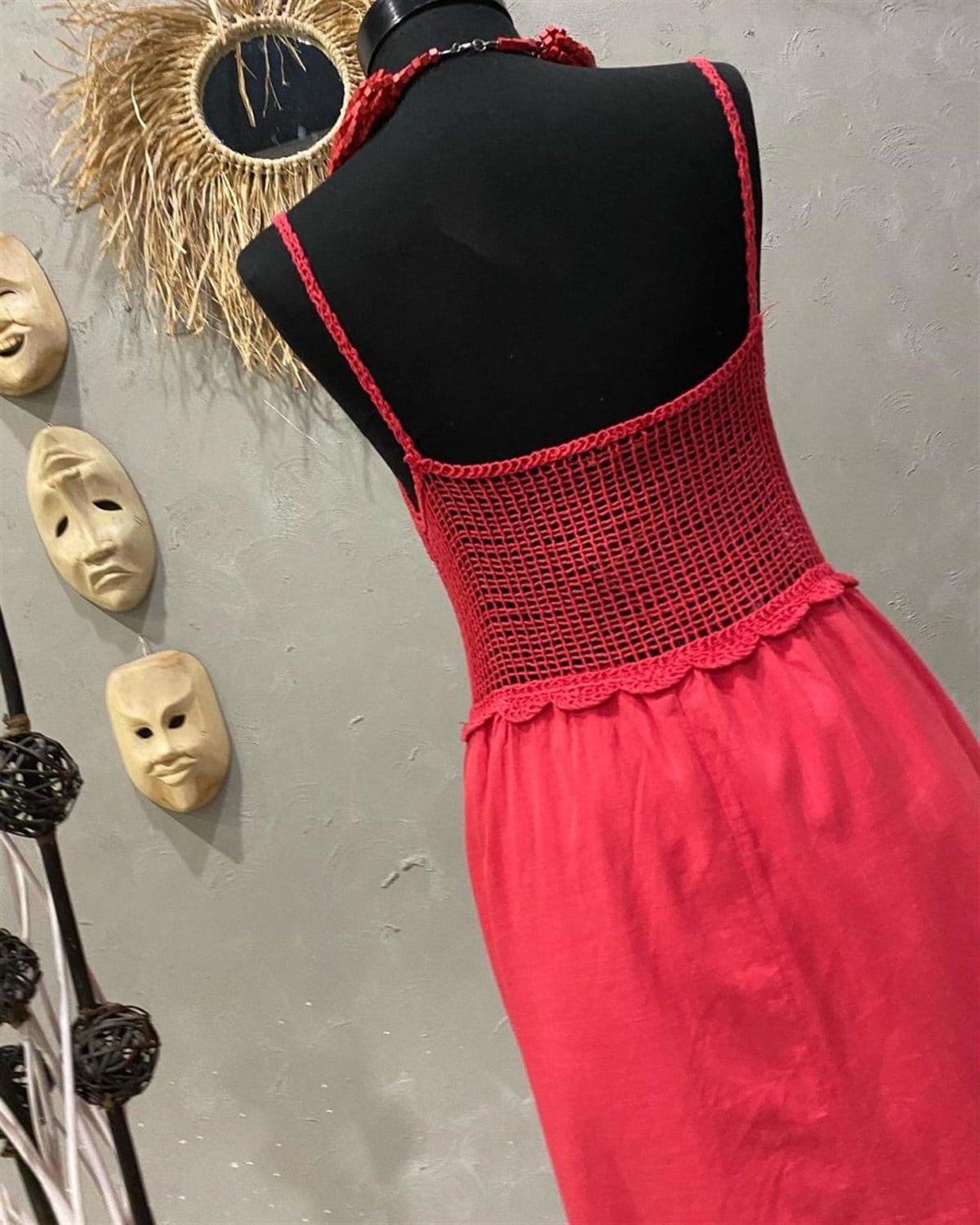 Örgü Detaylı Midi Boy Elbise (KIRMIZI)