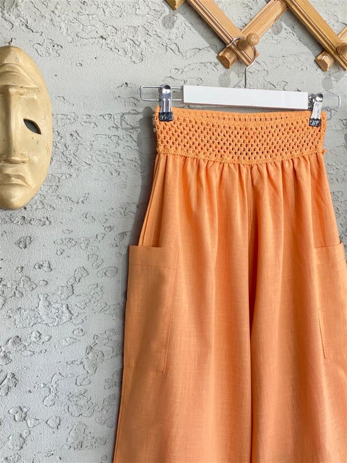 Örgü Kemer Beli Lastikli Şalvar Keten Pantolon (Oranj)