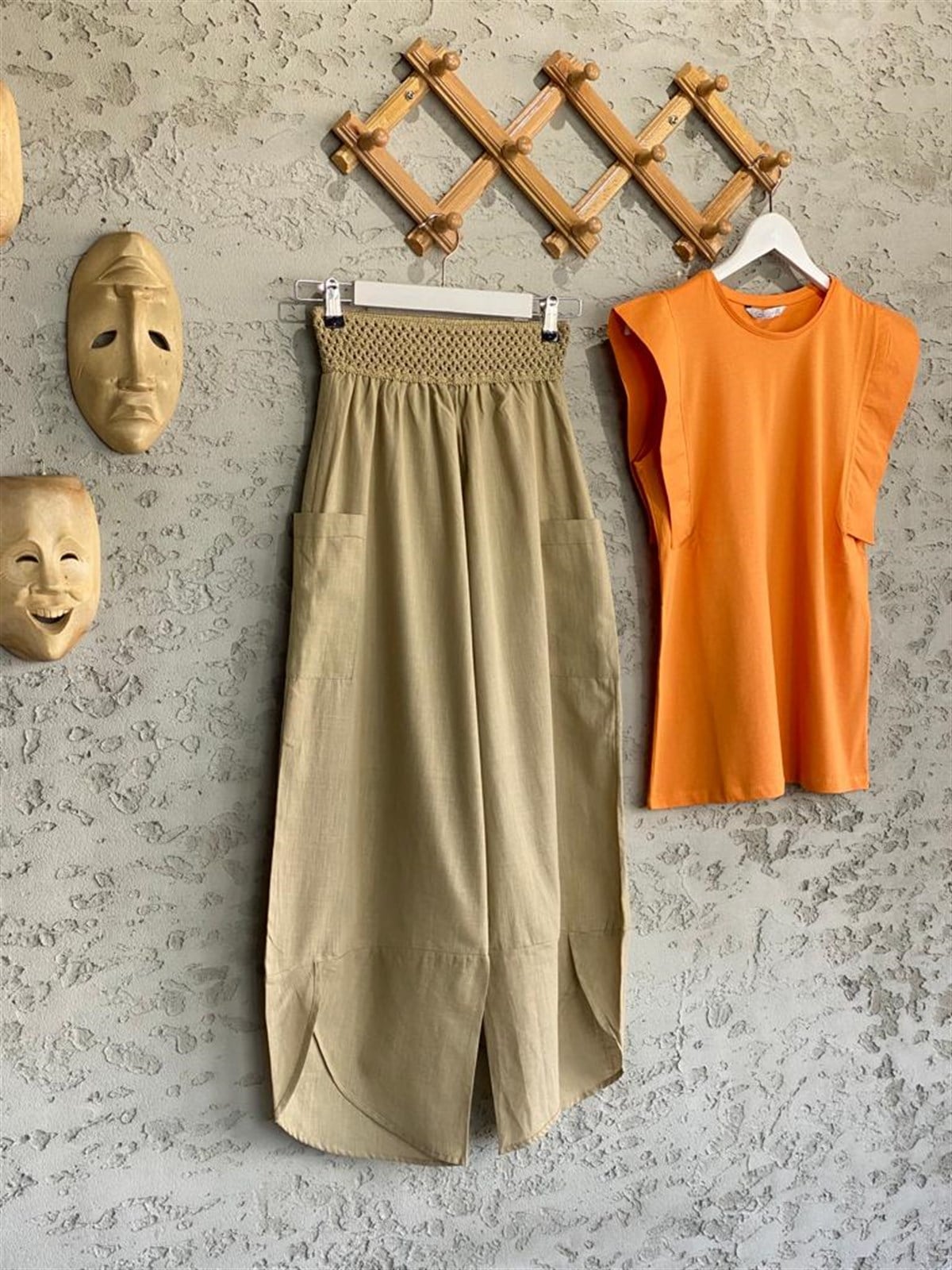 Örgü Kemer Beli Lastikli Şalvar Keten Pantolon (Camel)