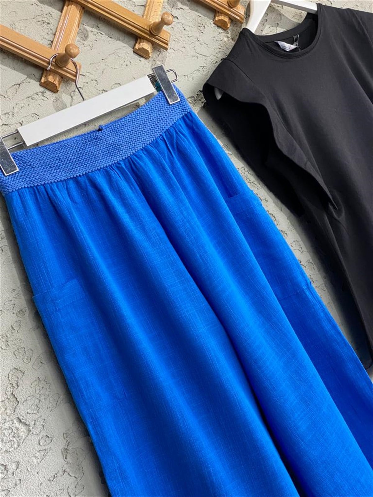 Örgü Kemer Beli Lastikli Şalvar Keten Pantolon (Saks Mavi)