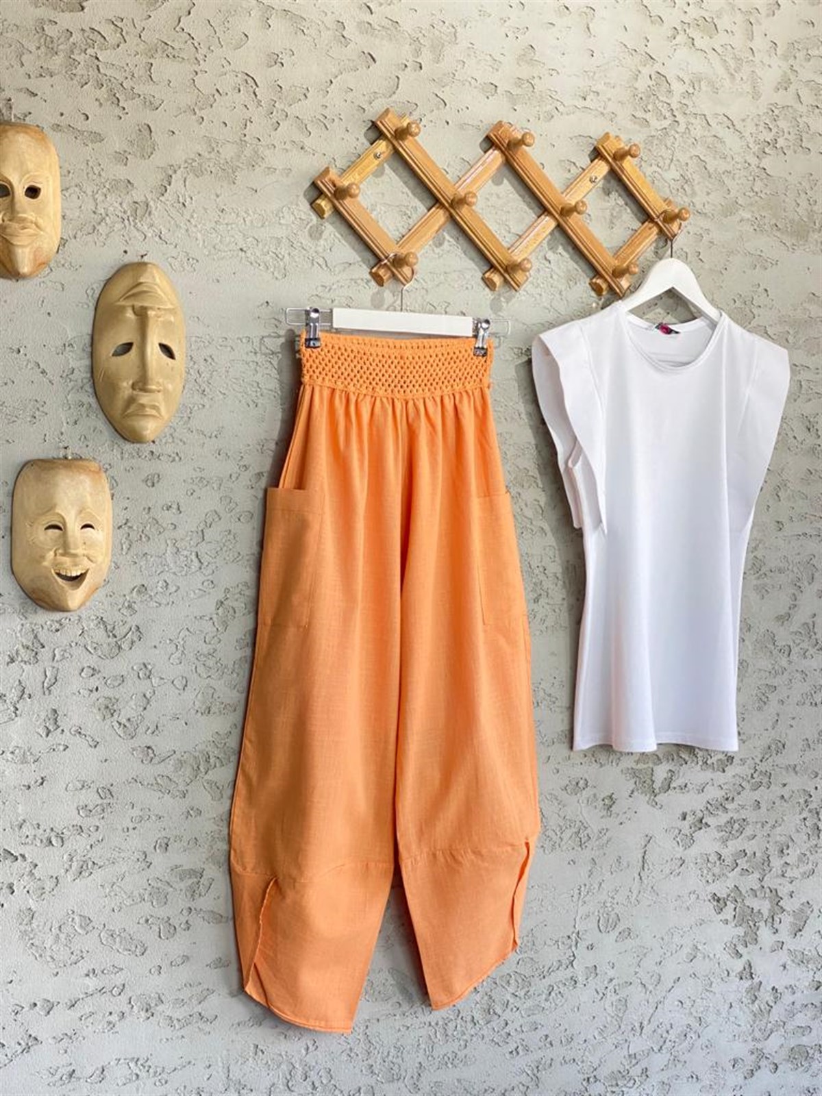 Örgü Kemer Beli Lastikli Şalvar Keten Pantolon (Oranj)