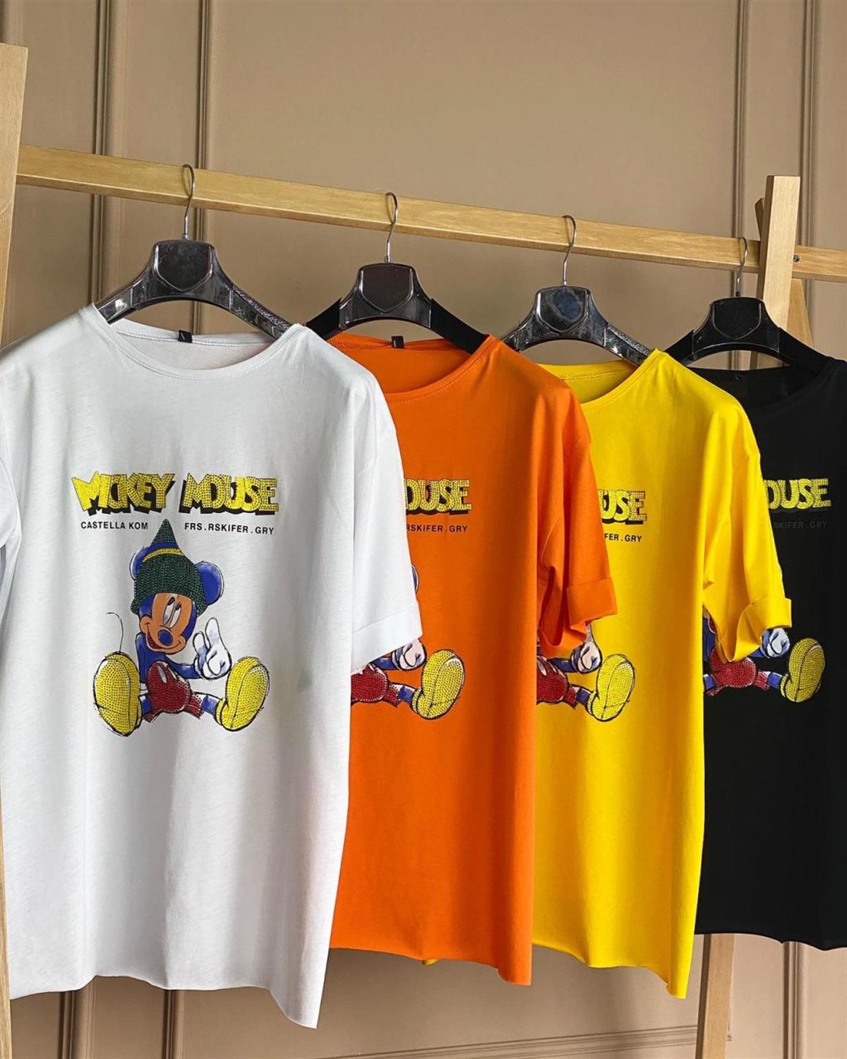 Oturan Mickey Taş İşçilikli Tunik Tshirt (SARI & BEYAZ)