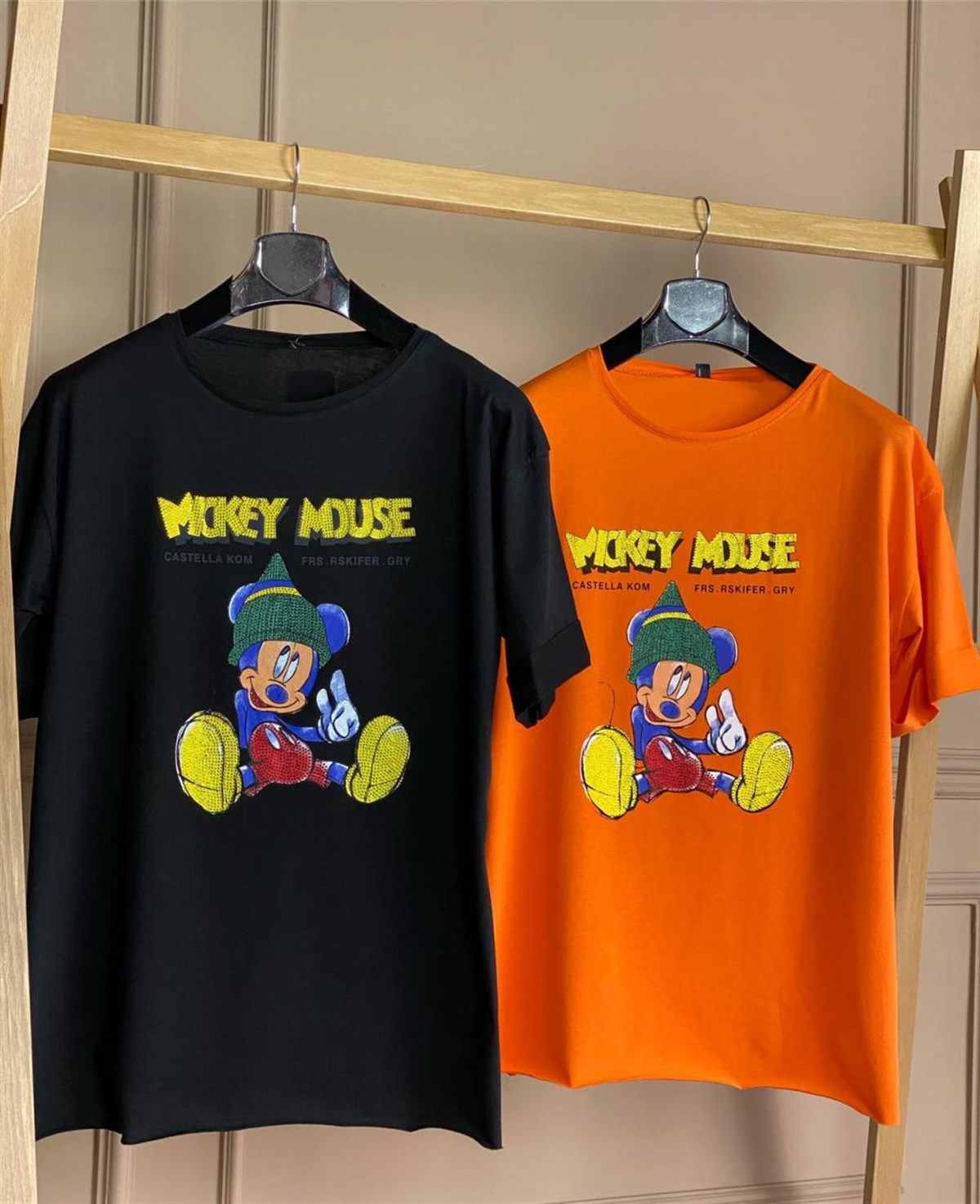 Oturan Mickey Taş İşçilikli Tunik Tshirt (ORANJ & SİYAH)