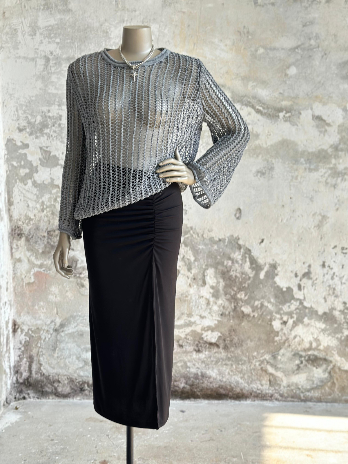 Oversize Delikli Kazak (Gri)