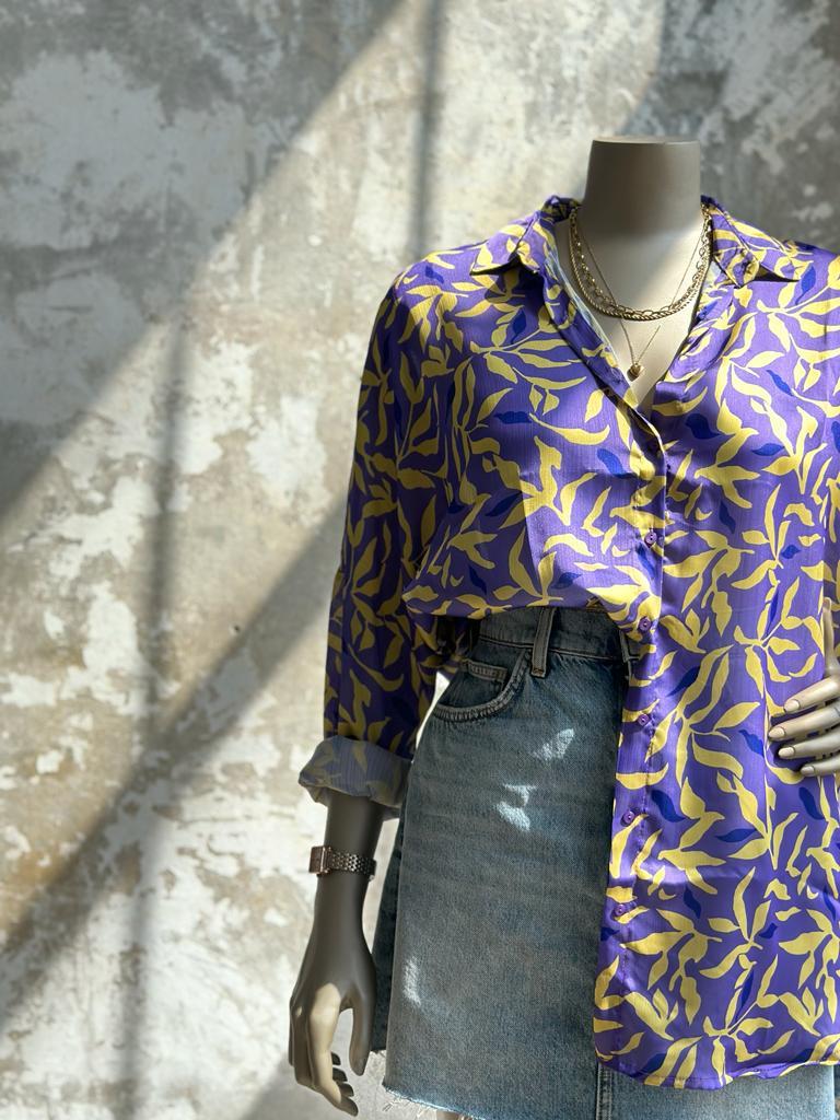 Oversize Ebruli Desen Gömlek (Mor)