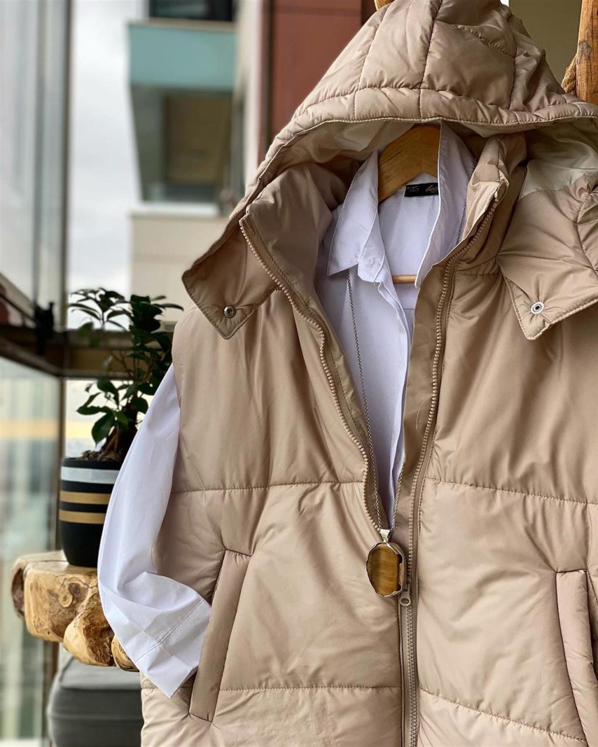 Oversize Kesim Şişme Yelek (BEJ)
