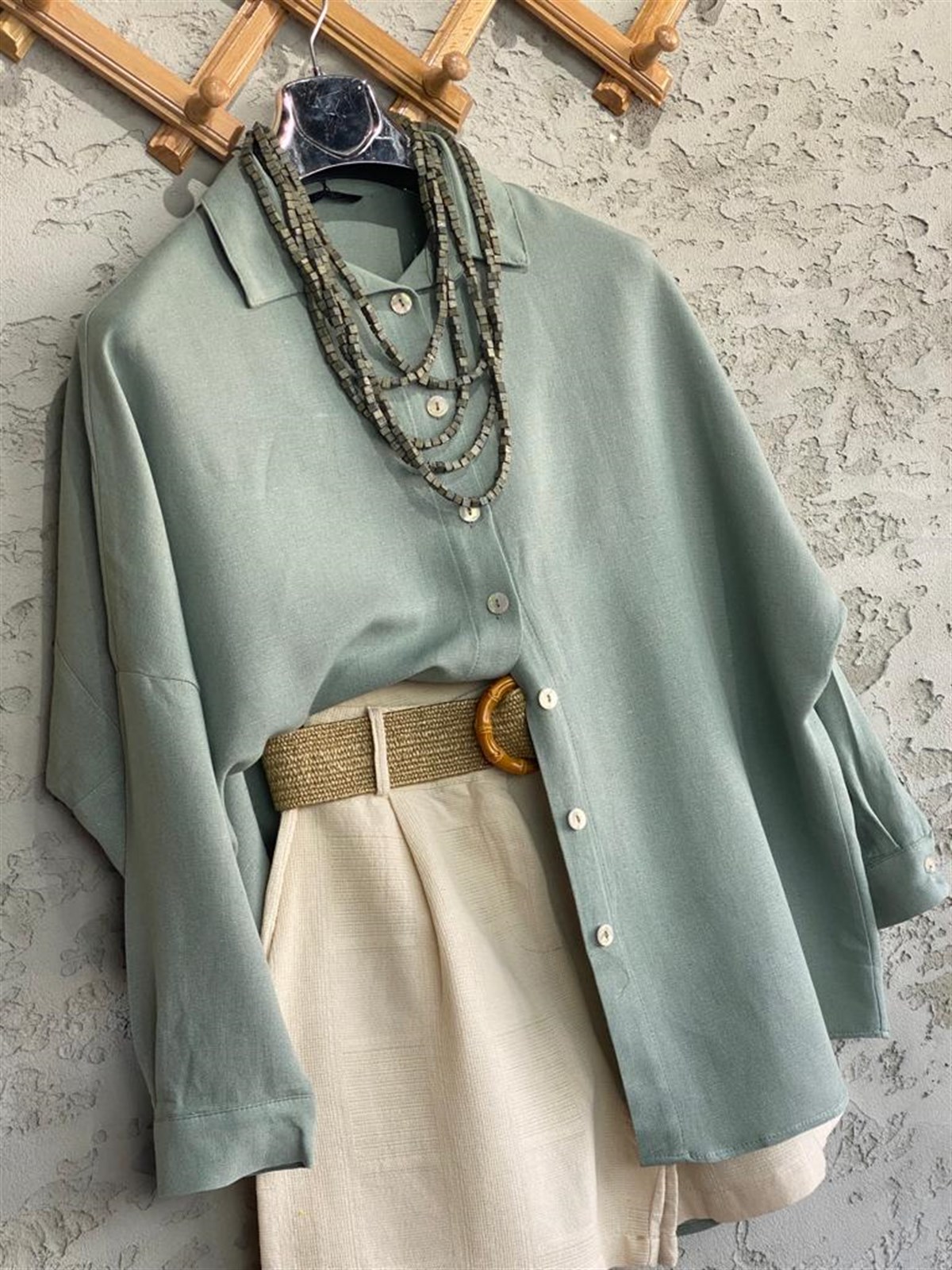 Oversize Keten Gömlek (Mint Yeşili)