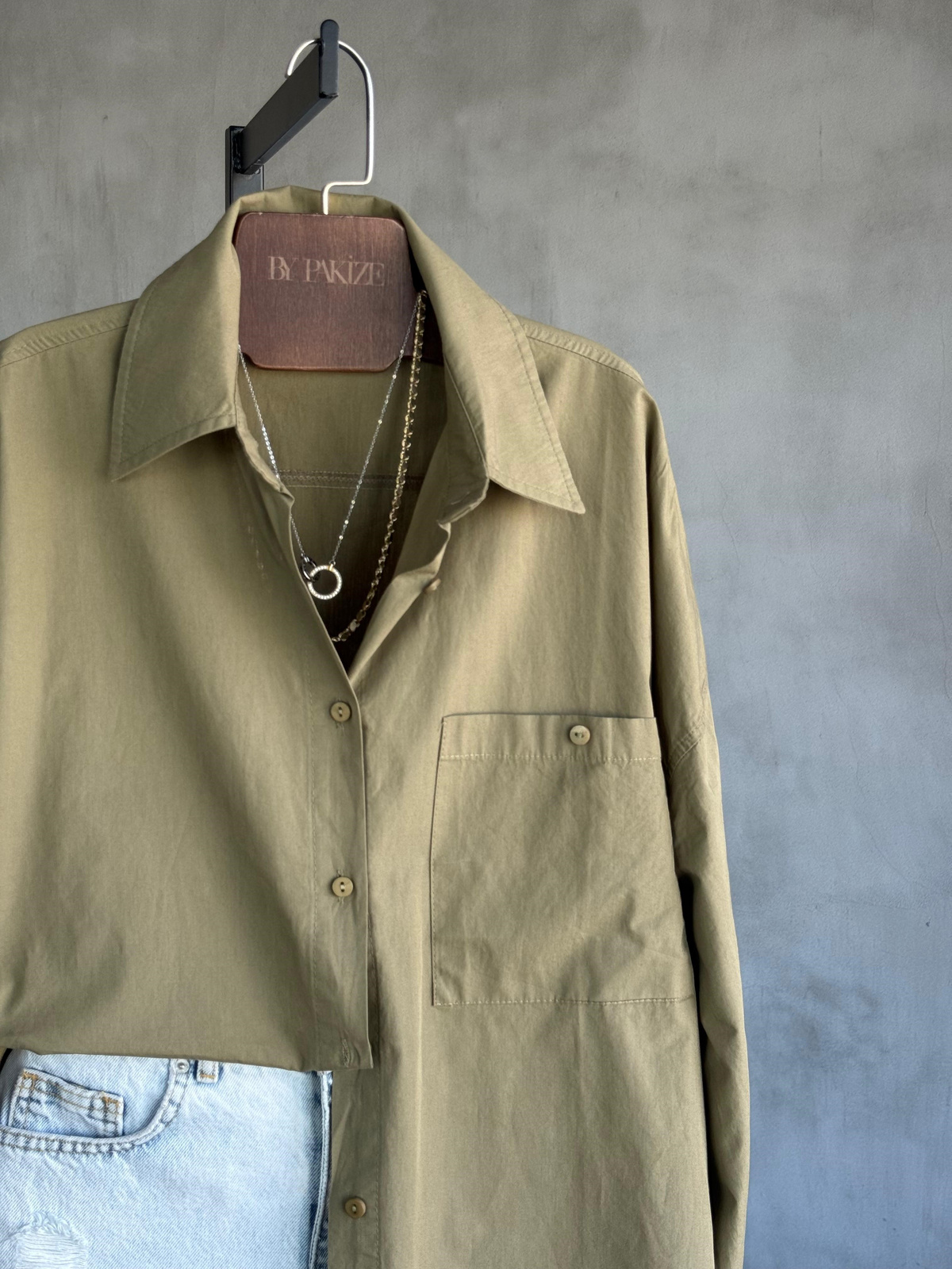 Oversize Maskülen Tarz Cotton Gömlek (Haki)