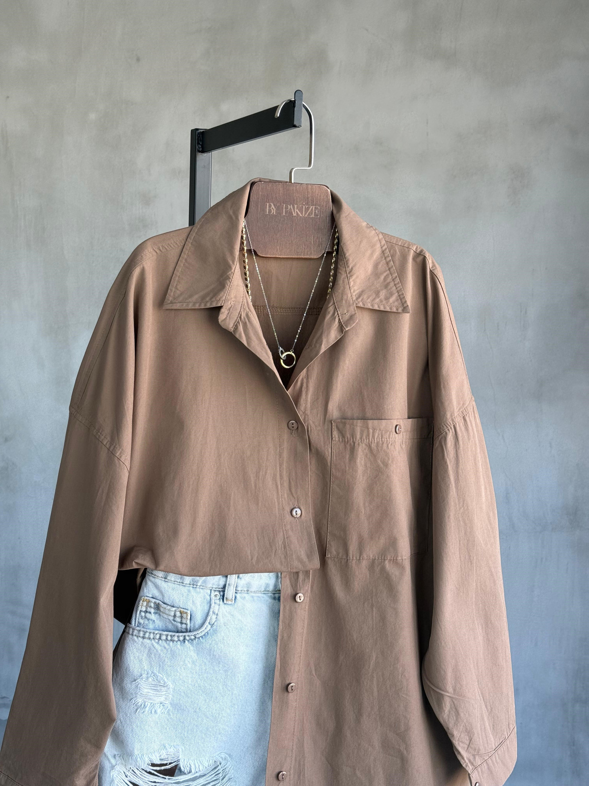 Oversize Maskülen Tarz Cotton Gömlek (Mocha)
