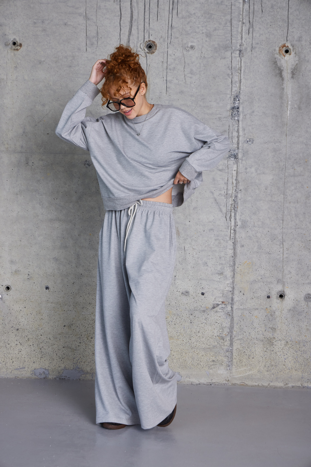 Oversize Sweat Palazzo Pantolon Takım (Gri)