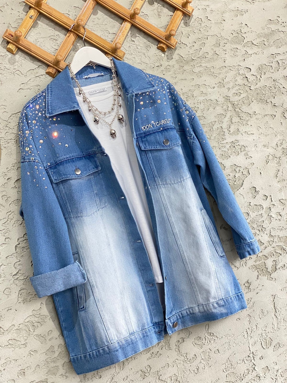 Oversize Taş işlemeli Uzun Kot Ceket (Mavi)