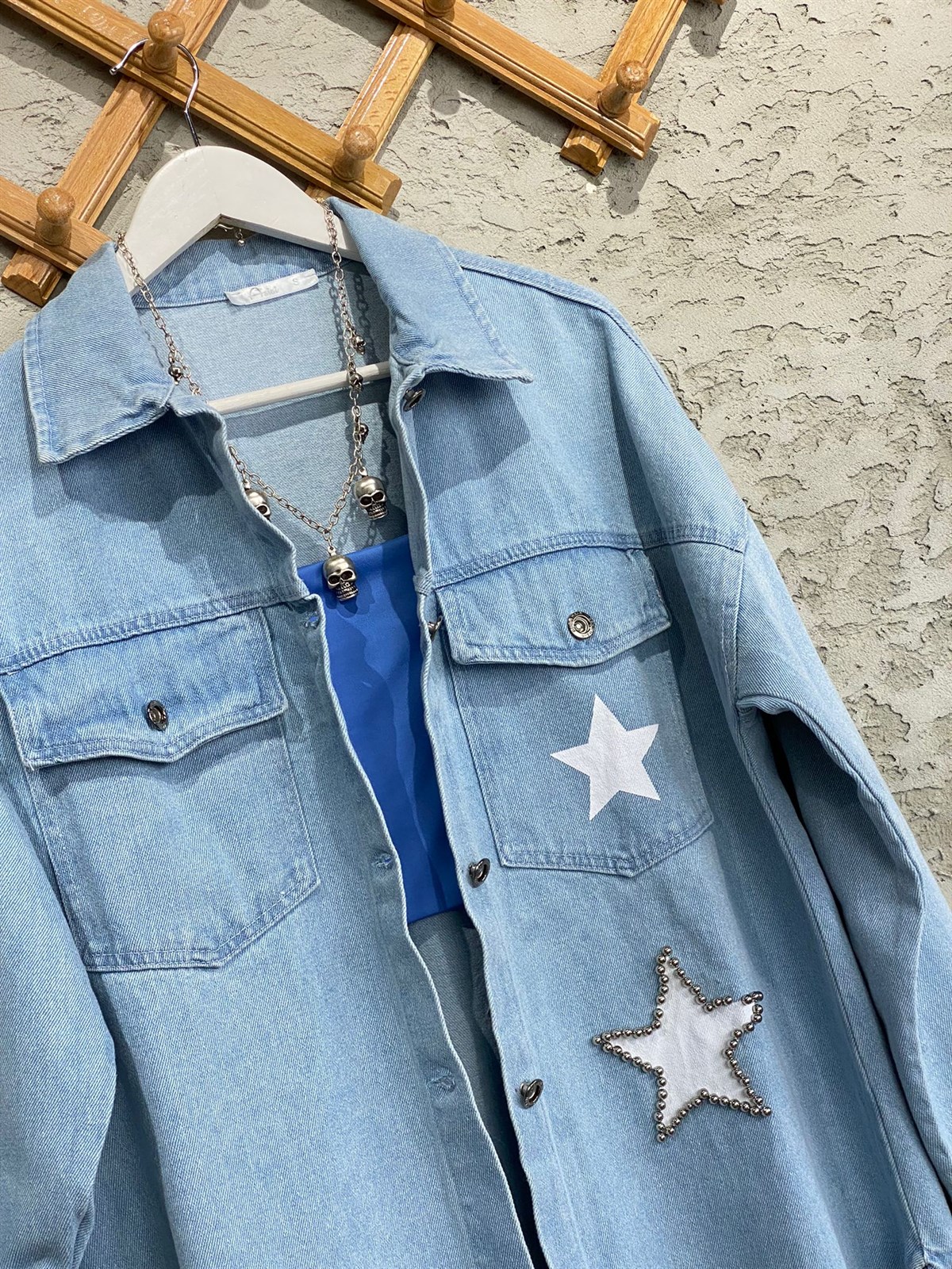 Oversize Uzun Yıldız Desenli Kot Ceket (Buz Mavisi)