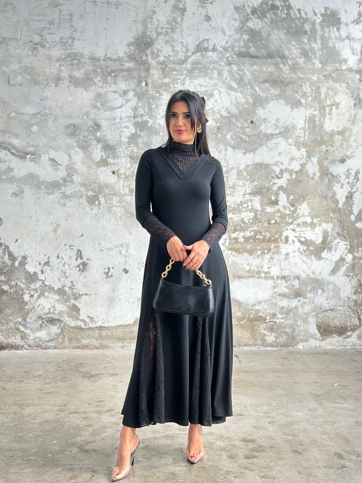 Oysho Kumaş Güpür Detaylı Elbise (Siyah) 