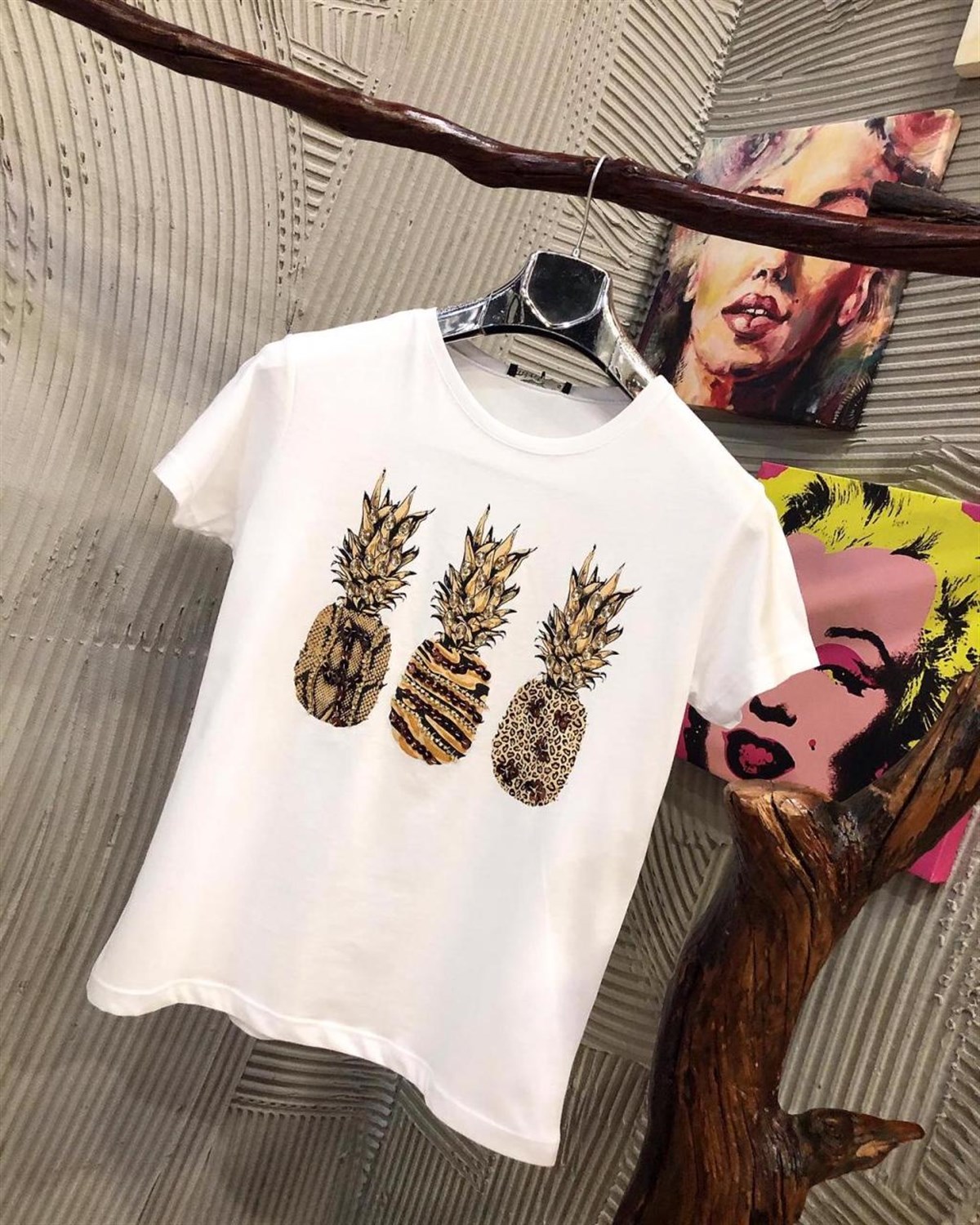Özel El kristal Taş İşçilikli Ananas Tshirt (BEYAZ & SİYAH)