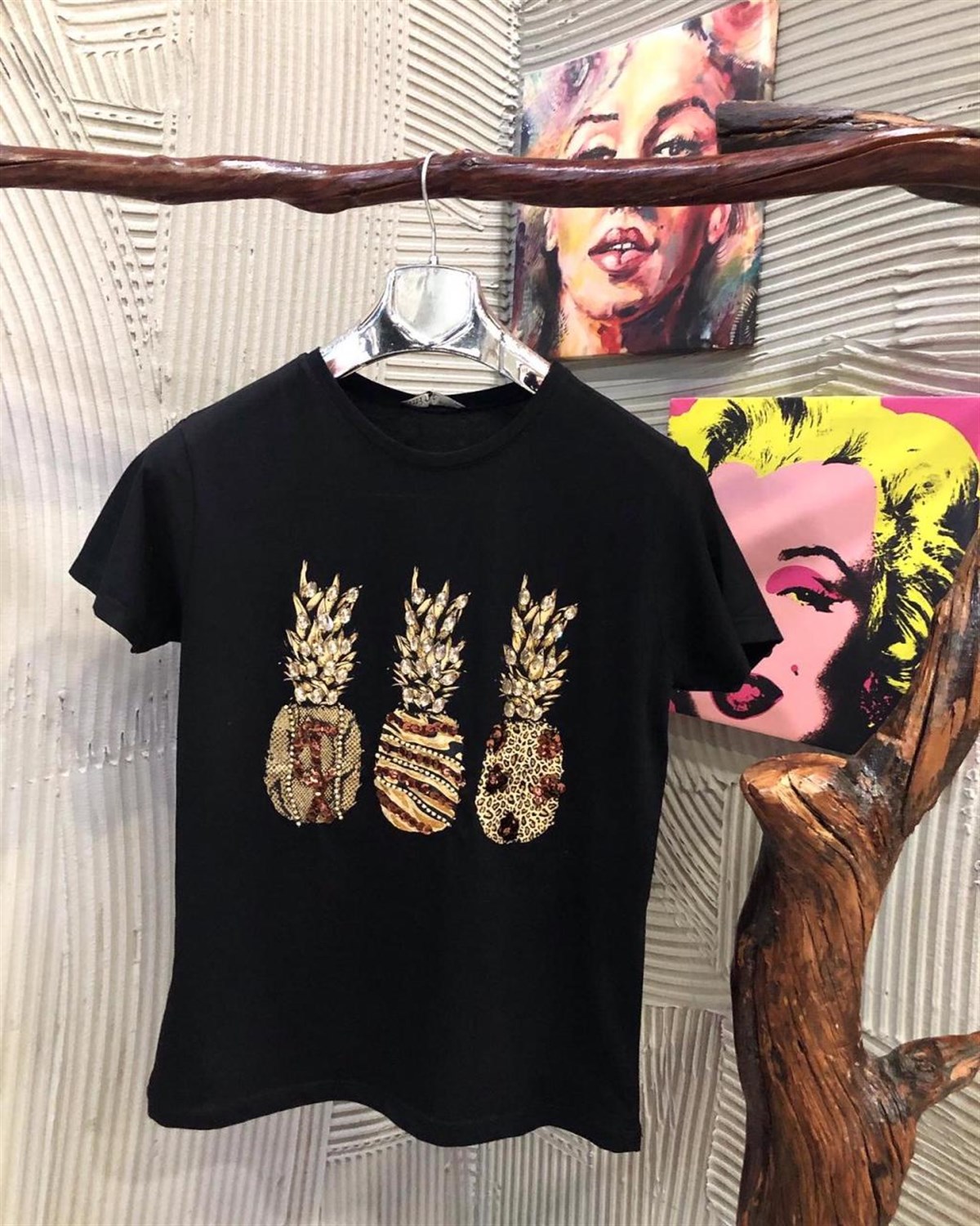 Özel El kristal Taş İşçilikli Ananas Tshirt (BEYAZ & SİYAH)