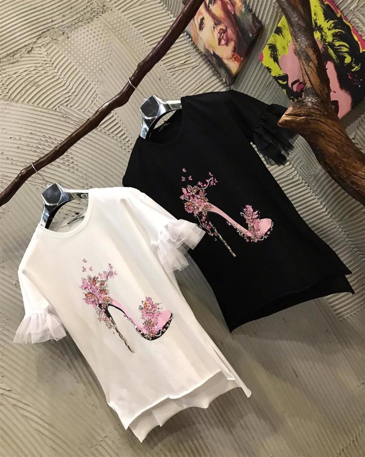 Özel Kristal Taş El İşçilikli Kolları Tül Tshirt (BEYAZ & SİYAH)