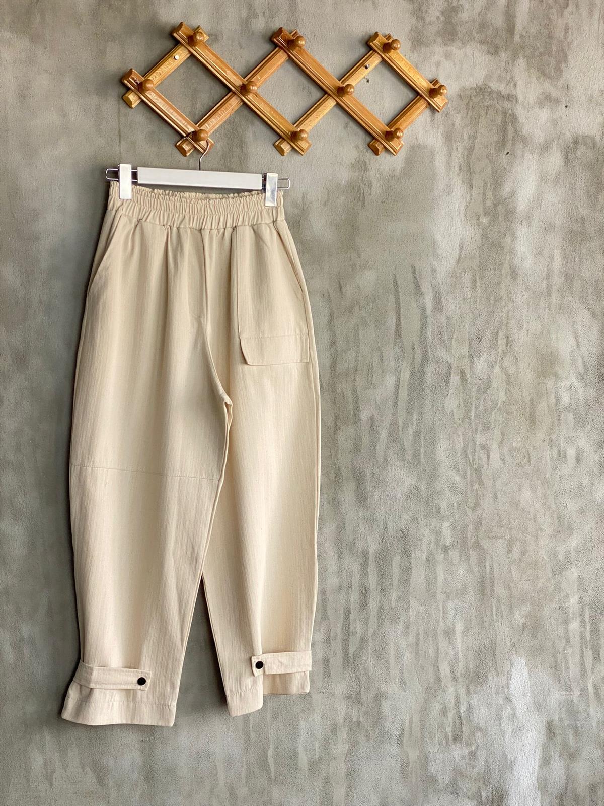 Paçası Çıtçıt Detaylı Yumuşak Gabardin Kumaş Pantolon (Bej)