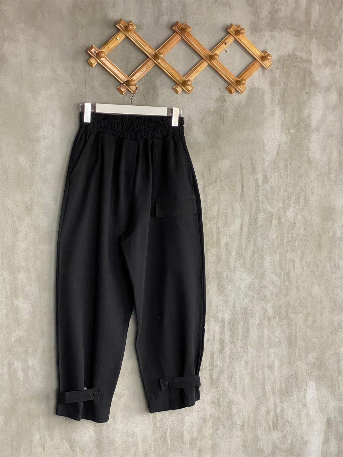 Paçası Çıtçıt Detaylı Yumuşak Gabardin Kumaş Pantolon (Siyah)
