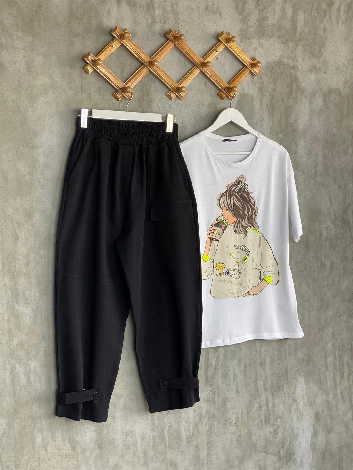 Paçası Çıtçıt Detaylı Yumuşak Gabardin Kumaş Pantolon (Siyah)
