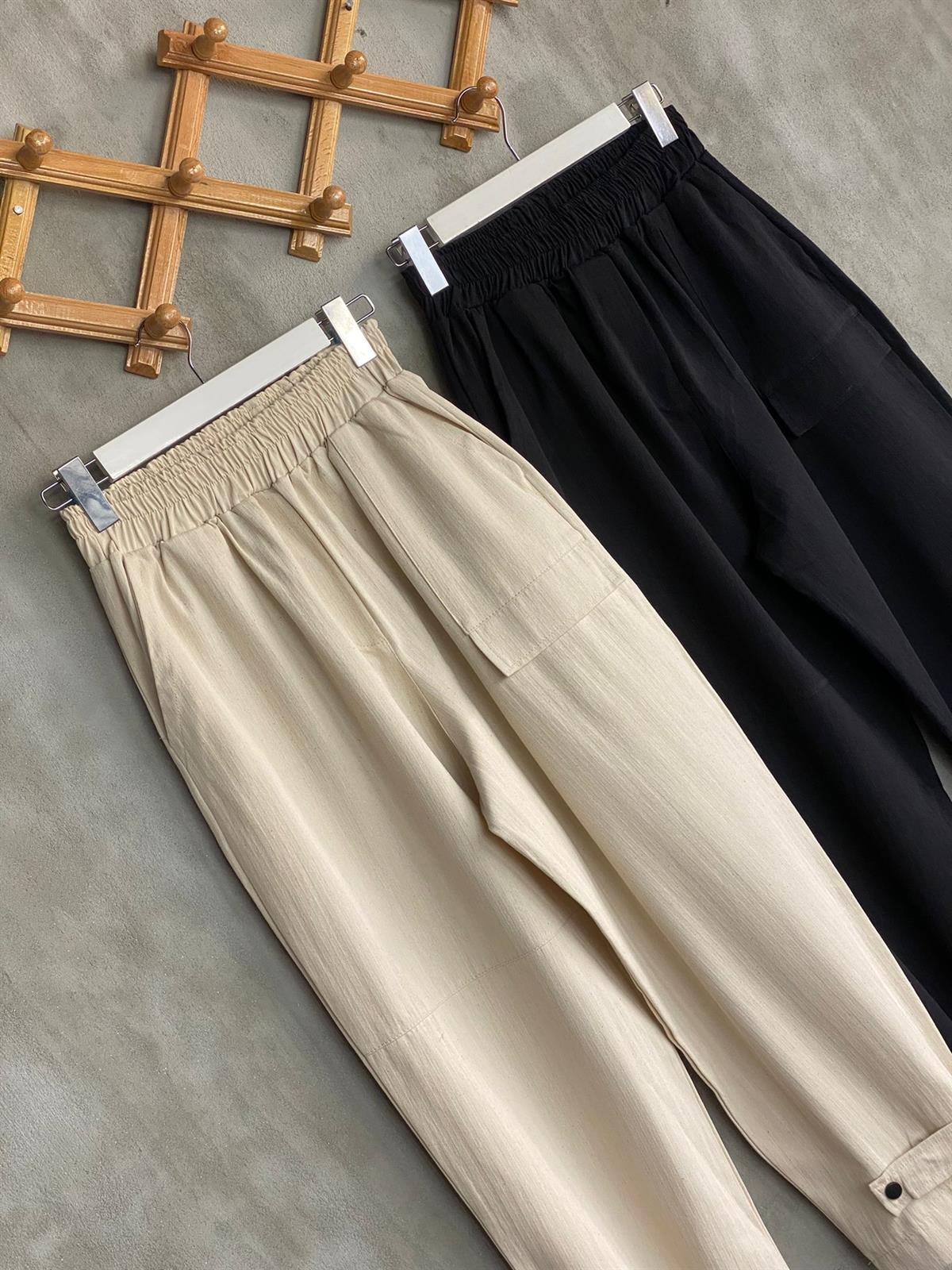 Paçası Çıtçıt Detaylı Yumuşak Gabardin Kumaş Pantolon (Siyah)