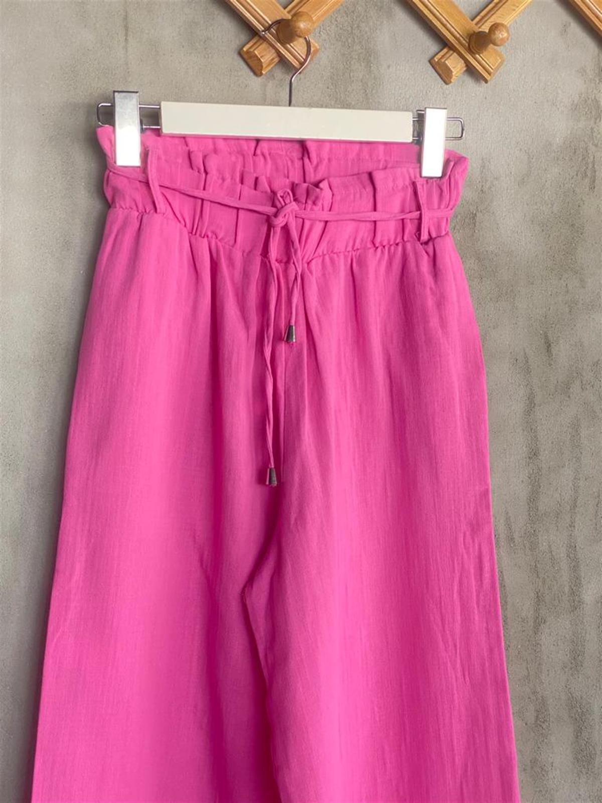 Paçası Lazer Kesimli Müslin Kumaş Pantolon (Pembe)