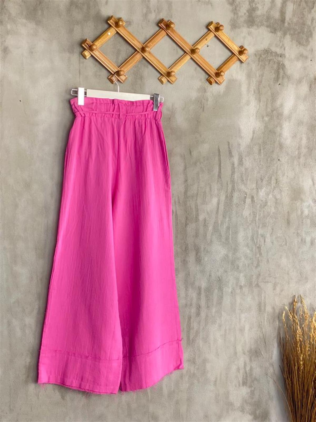 Paçası Lazer Kesimli Müslin Kumaş Pantolon (Pembe)