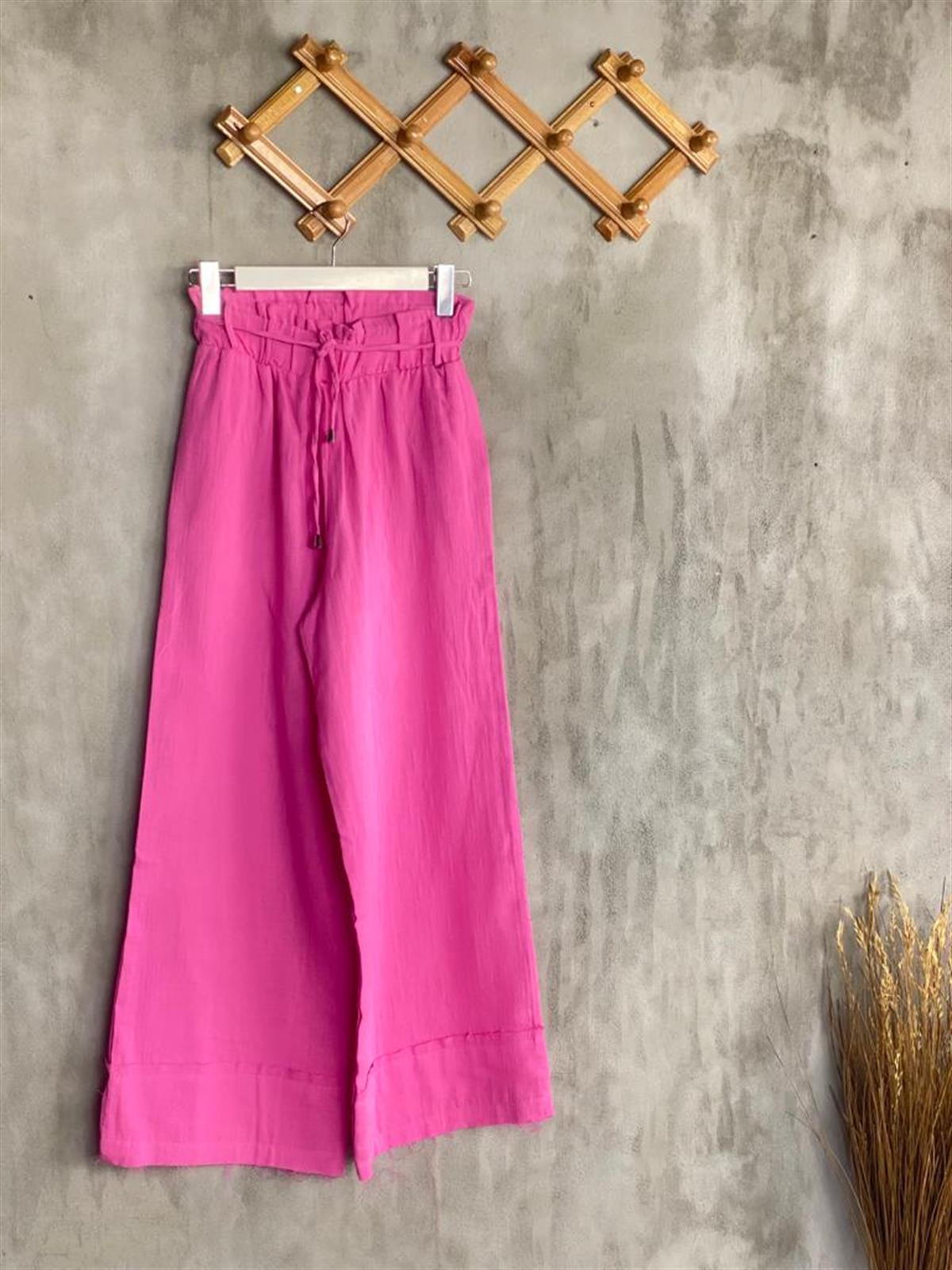 Paçası Lazer Kesimli Müslin Kumaş Pantolon (Pembe)