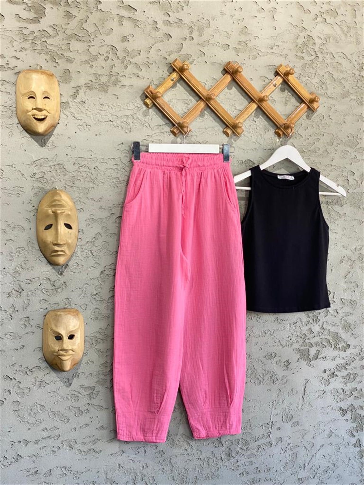 Paçası Pileli Müslin Pantolon (Pembe)