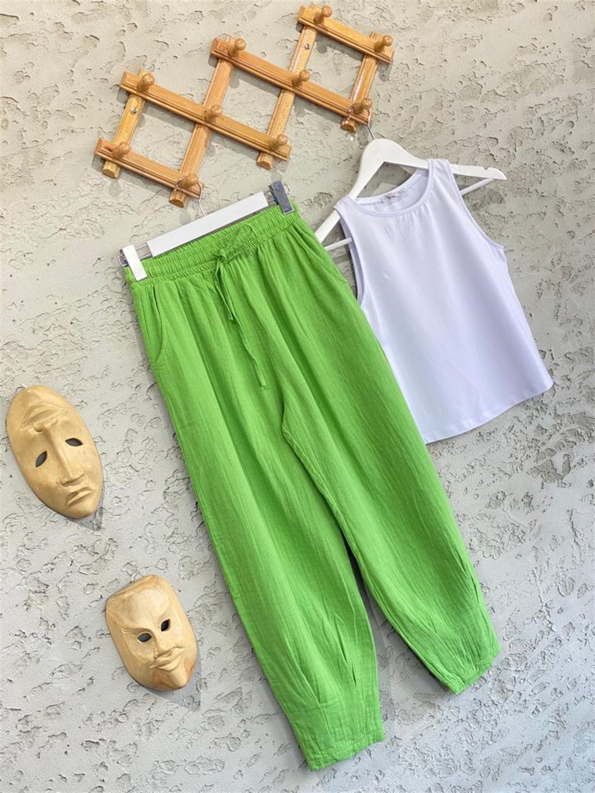 Paçası Pileli Müslin Pantolon (Yeşil)
