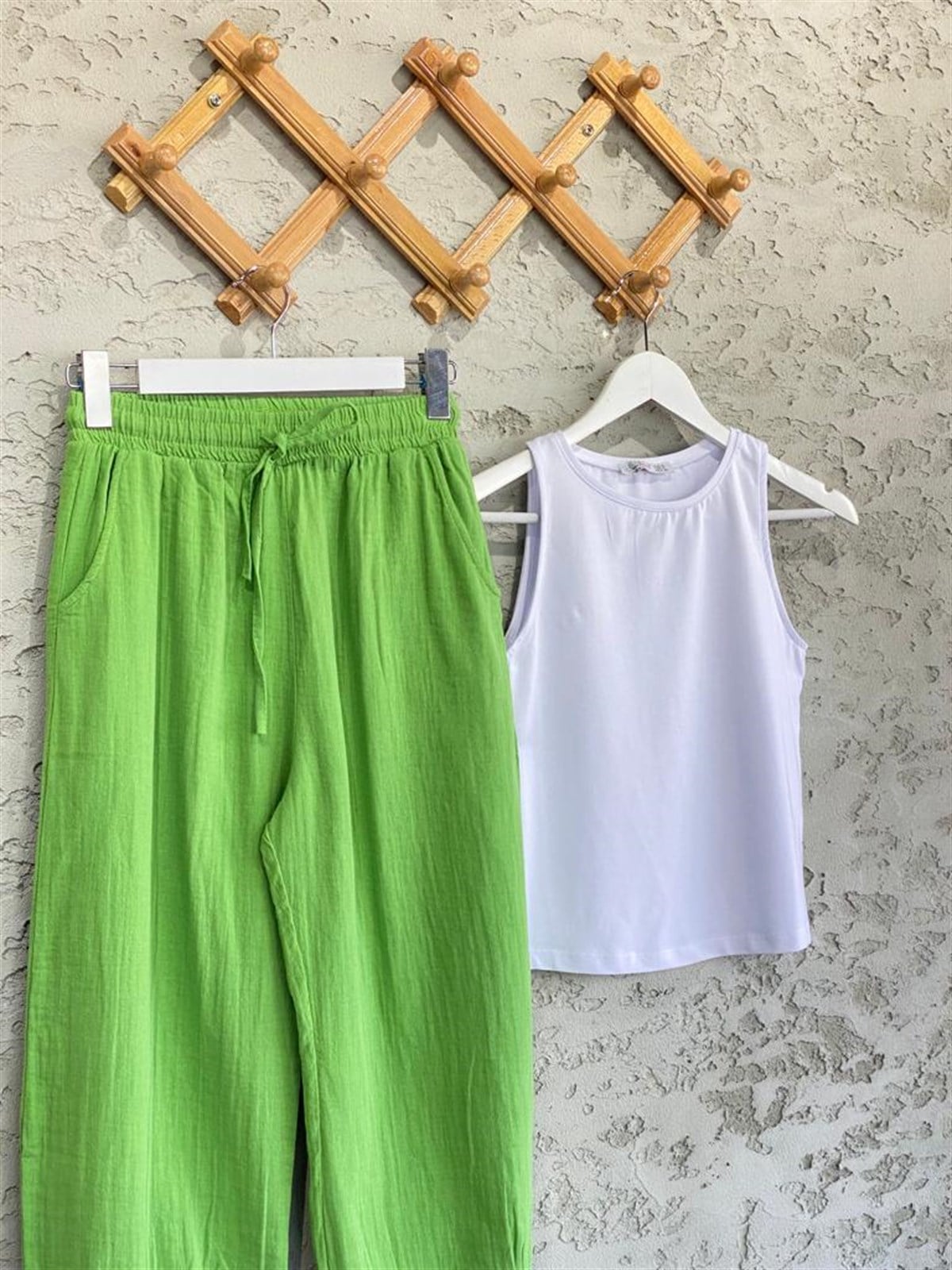 Paçası Pileli Müslin Pantolon (Yeşil)