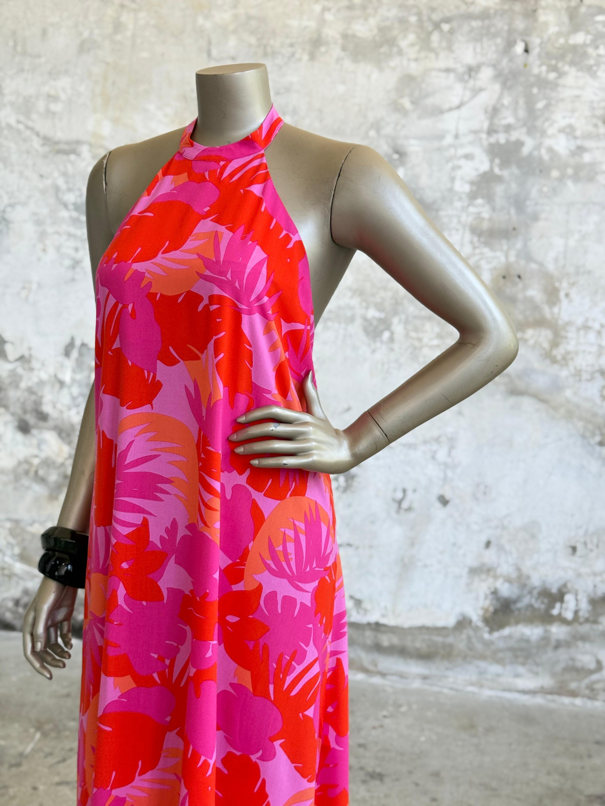 Palmiye Desenli Halter Yaka Elbise (Pembe)