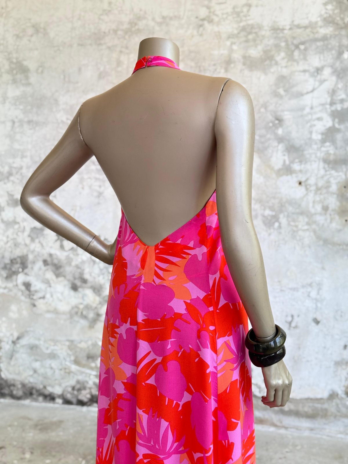 Palmiye Desenli Halter Yaka Elbise (Pembe)
