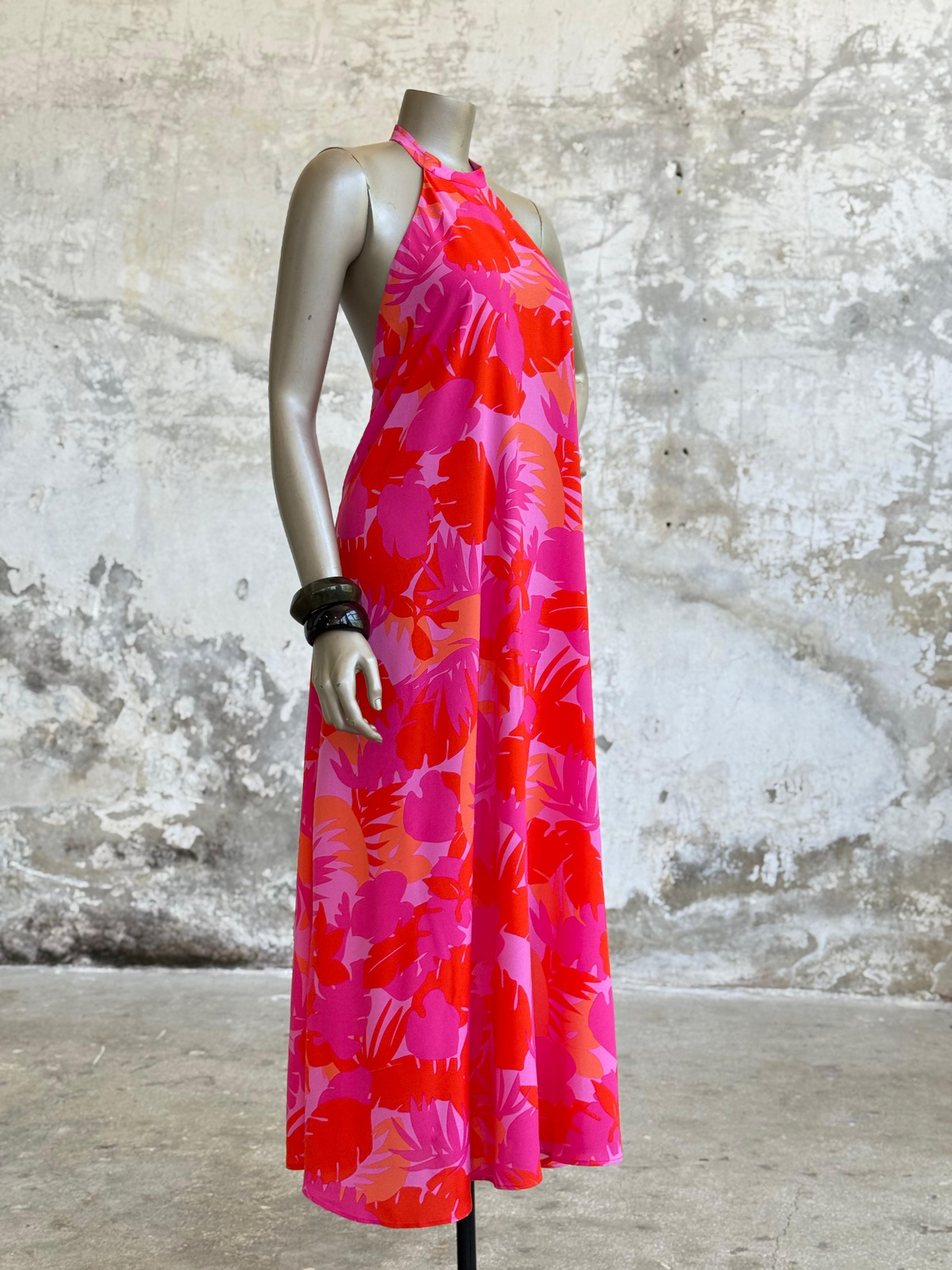 Palmiye Desenli Halter Yaka Elbise (Pembe)