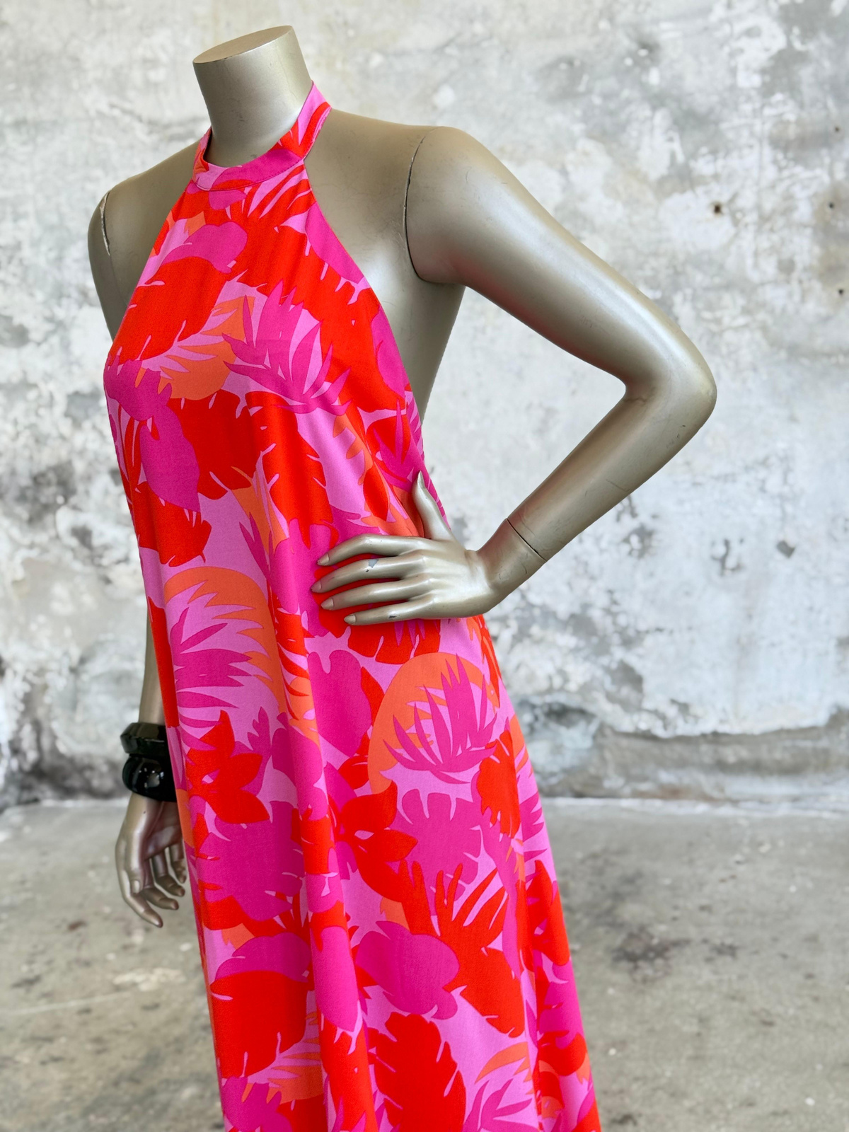 Palmiye Desenli Halter Yaka Elbise (Pembe)