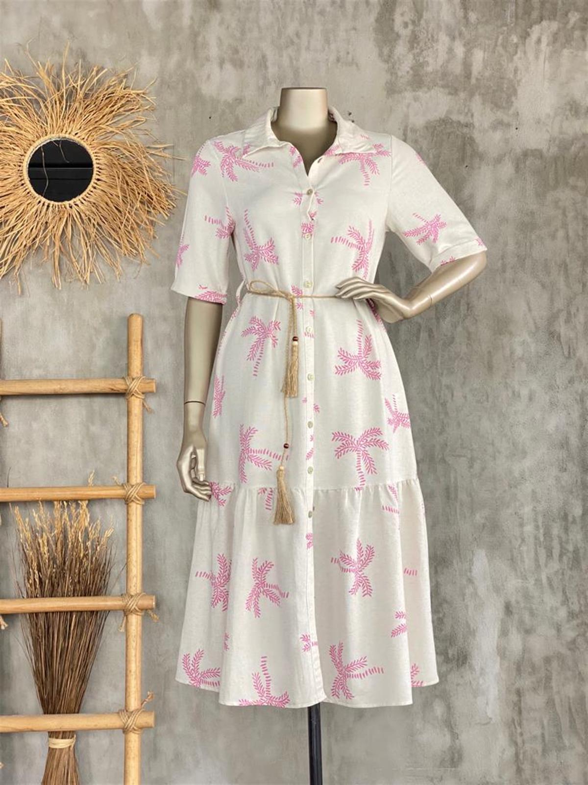 Palmiye Desenli Keten Gömlek Elbise (Pembe)