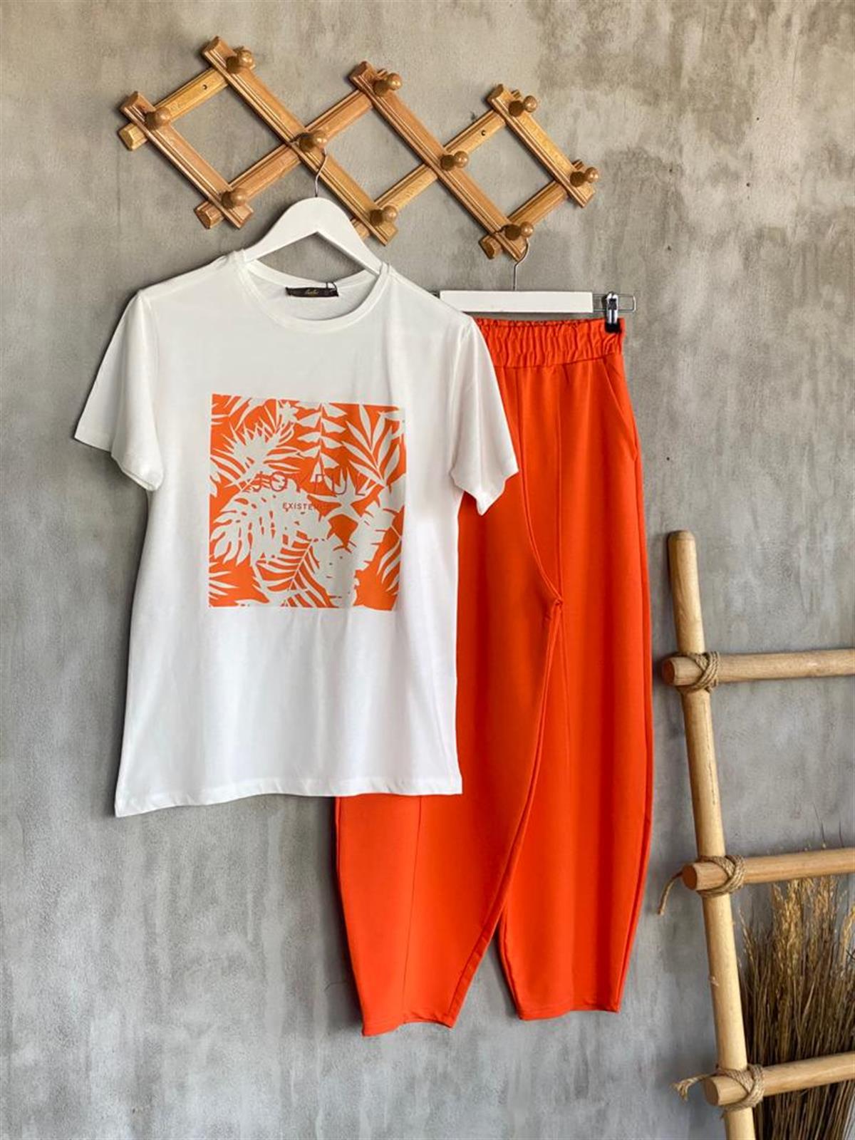 Palmiye Yaprak Baskılı Tişört (Oranj)
