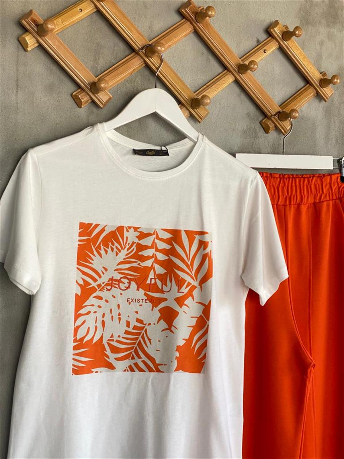 Palmiye Yaprak Baskılı Tişört (Oranj)