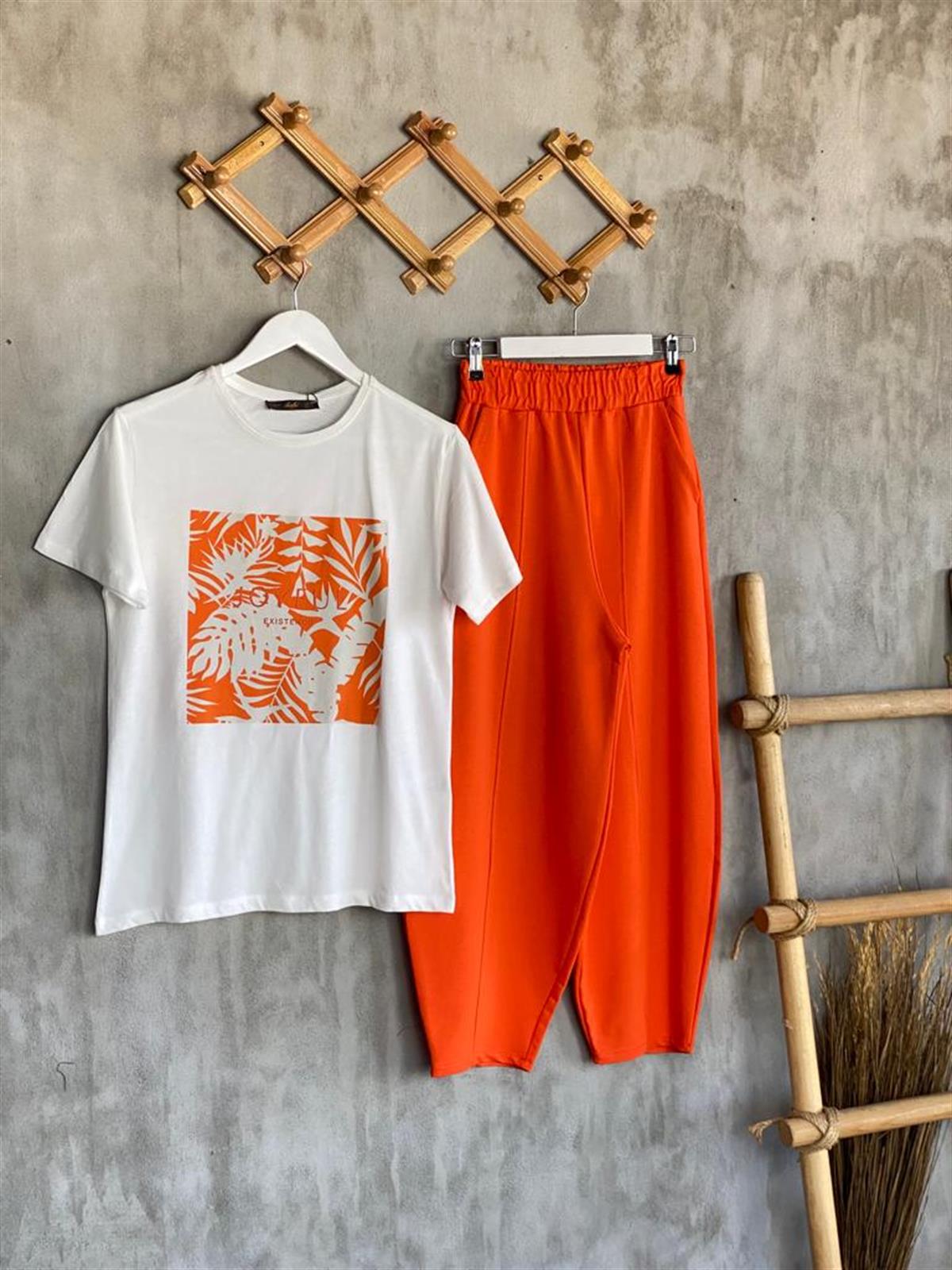 Palmiye Yaprak Baskılı Tişört (Oranj)