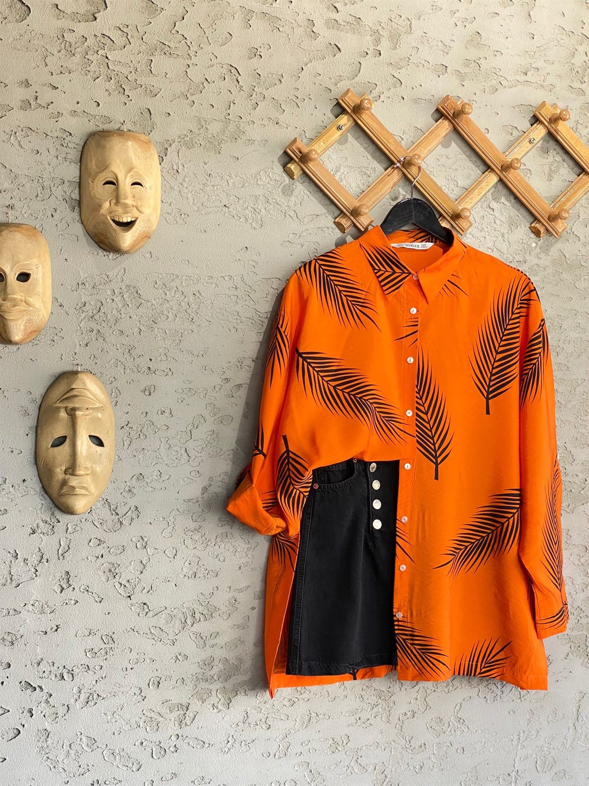 Palmiye Yapraklı Saten Gömlek (Oranj)