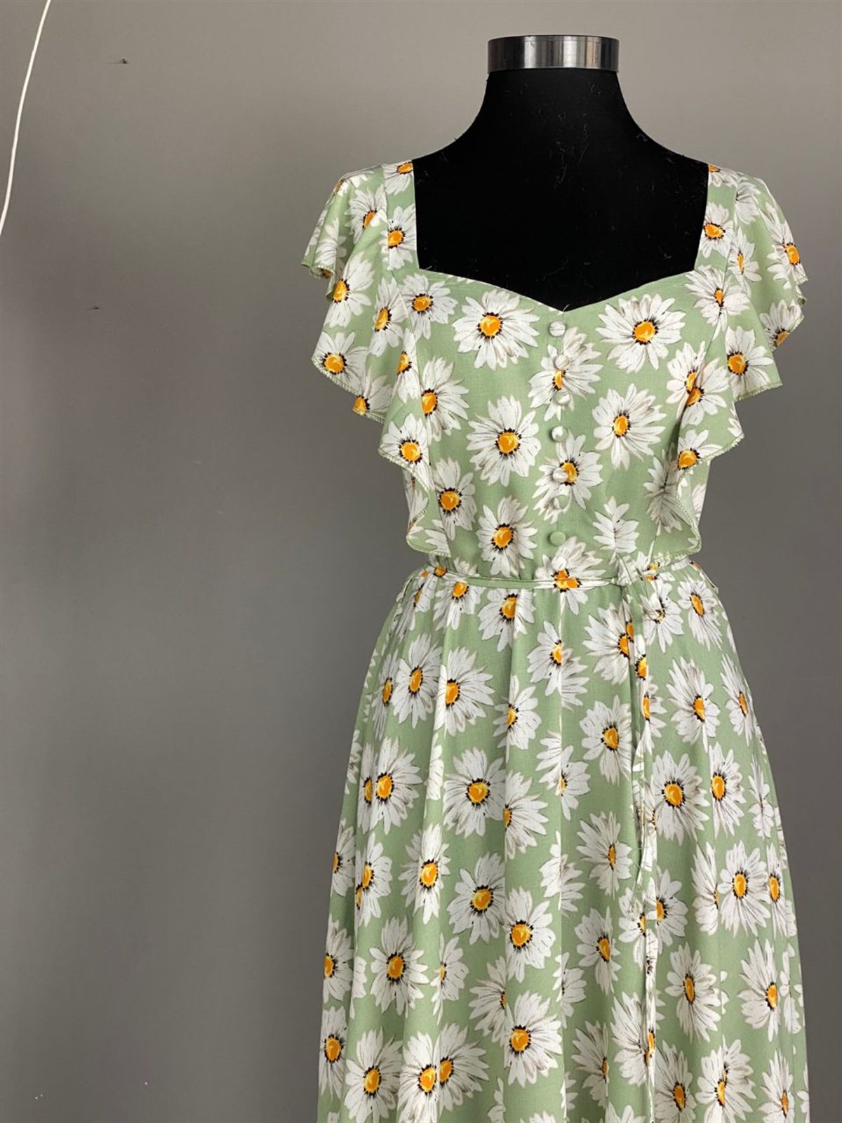 Papatya Desen Kolları Volanlı Elbise (Mint)