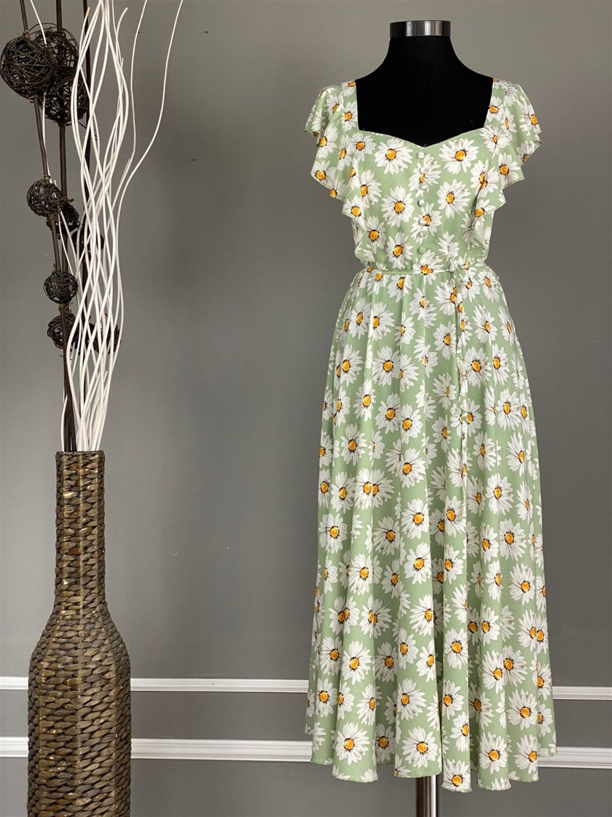 Papatya Desen Kolları Volanlı Elbise (Mint)