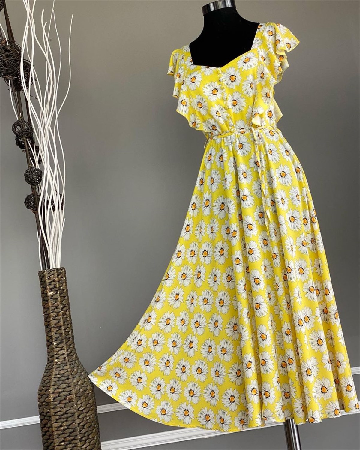 Papatya Desen Kolları Volanlı Elbise (Sarı)