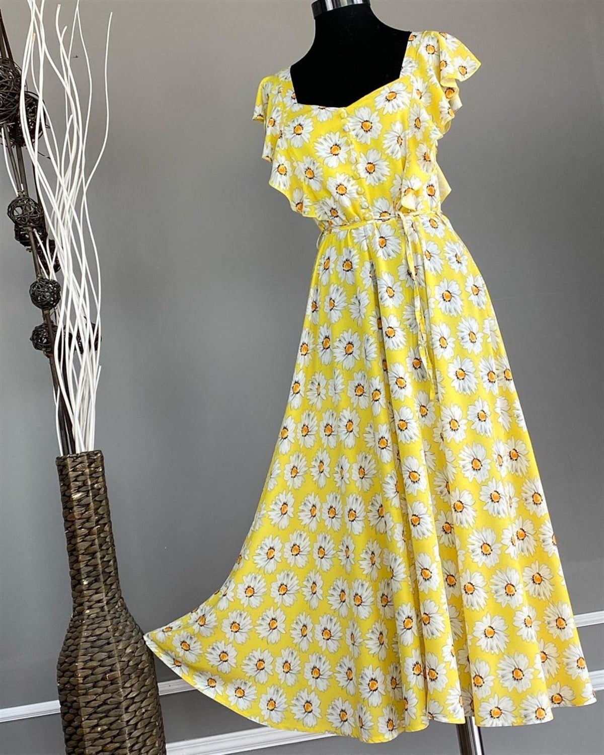Papatya Desen Kolları Volanlı Elbise (Sarı)